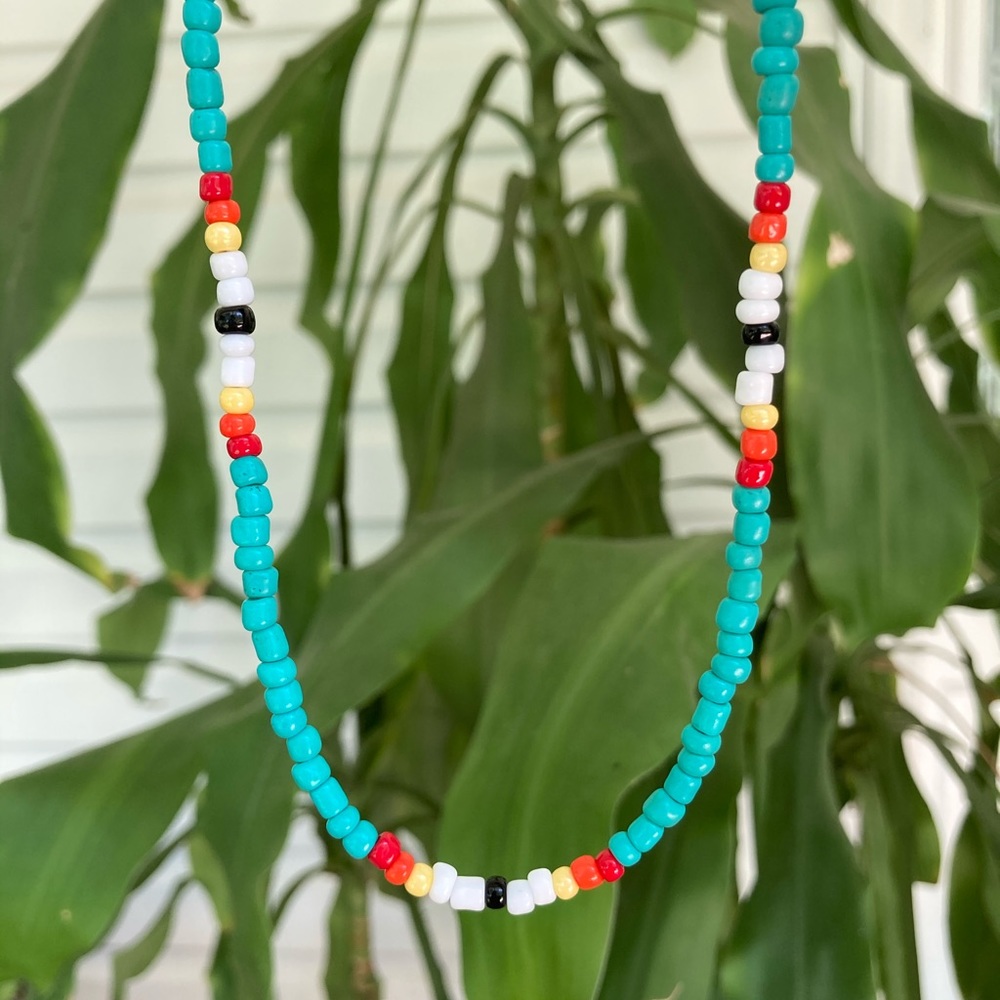 Teal tribal seed bead choker